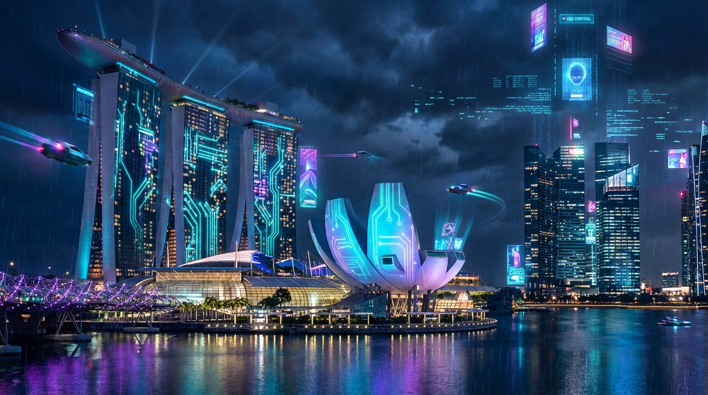 Cyberpunk Singapore skyline